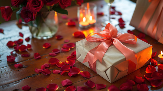 礼盒摄影照片_桌子上的蜡烛礼物和花瓣图片