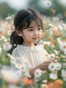 花朵丛中的小女孩高清图片
