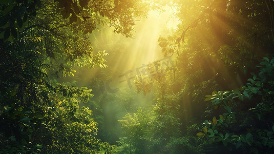 阳光照射森林树叶的摄影高清摄影图