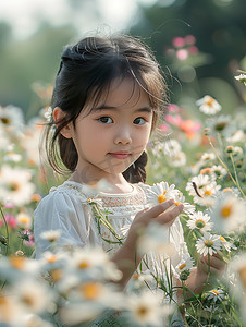 花朵丛中的小女孩照片