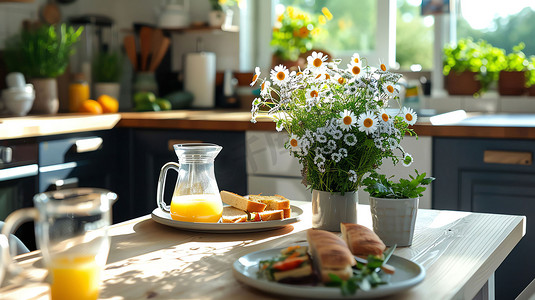 餐桌橙汁早餐盆栽摄影照片
