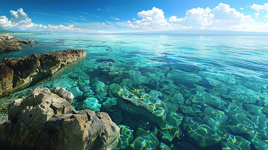 蓝天风景海边岩石的摄影照片