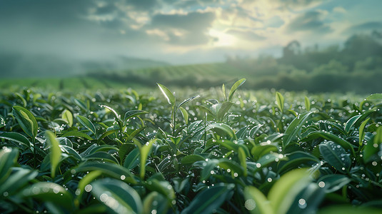 阳光下绿色茶园的摄影照片