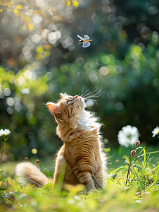 猫咪跳跃抓蜻蜓公园高清图片