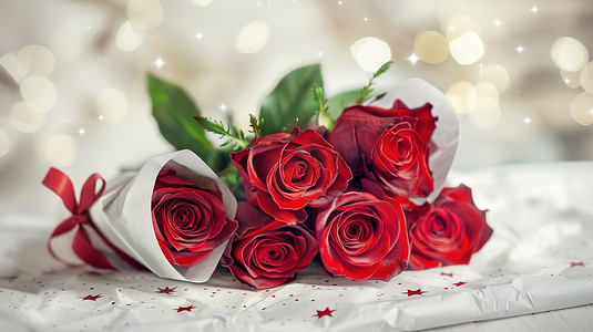 甜蜜的爱情摄影照片_桌面上摆放着的红玫瑰图片