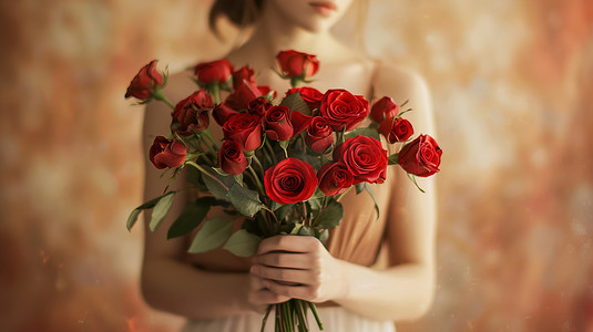 女士手拿一束红玫瑰图片