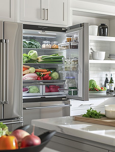 现代厨房打开的冰箱图片