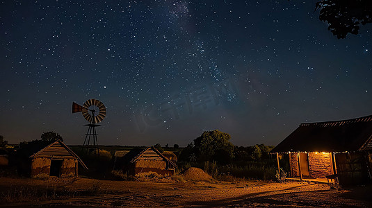 夜晚星空村庄公路摄影照片