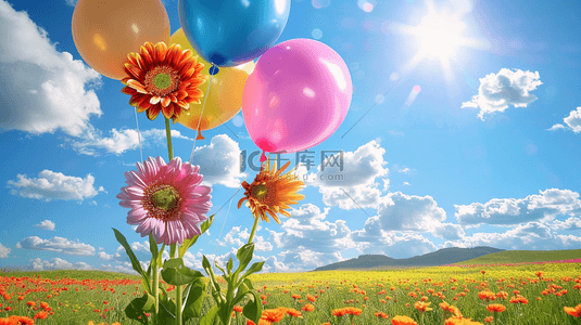 白云蓝天草坪背景图片_草原上空的气球背景