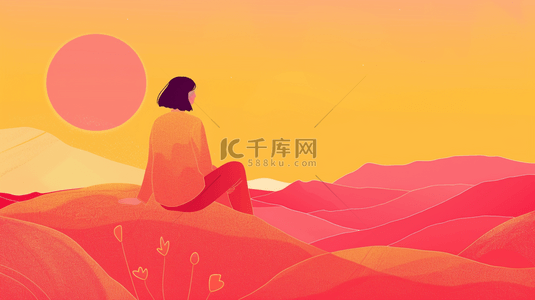 山顶上看夕阳的女孩背景