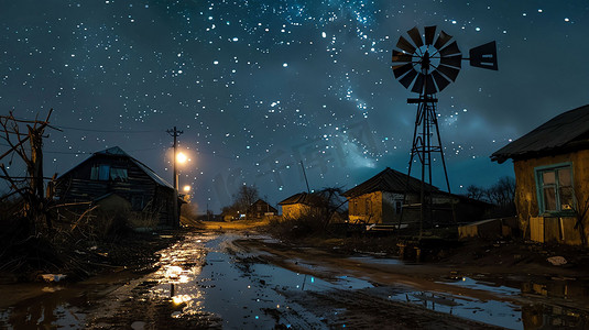 夜晚星空村庄公路摄影照片