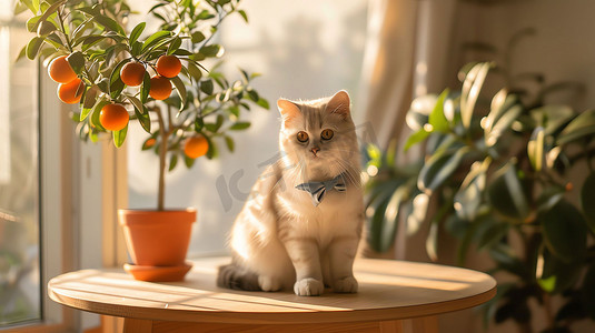 室内果植猫咪窗台摄影照片