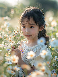 花朵丛中的小女孩摄影图