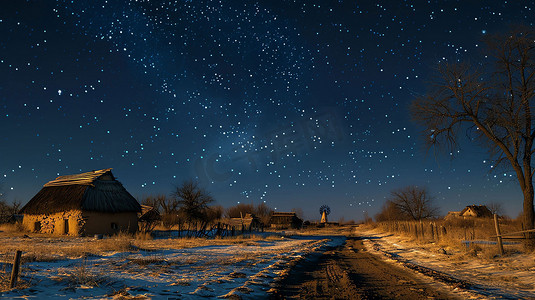 夜晚星空村庄公路摄影照片