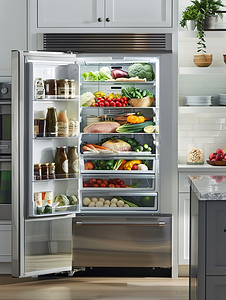 现代厨房打开的冰箱摄影照片