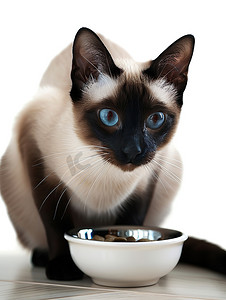 暹罗猫和碗里的猫粮摄影配图