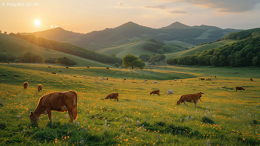 野外山脉草原牛群摄影照片