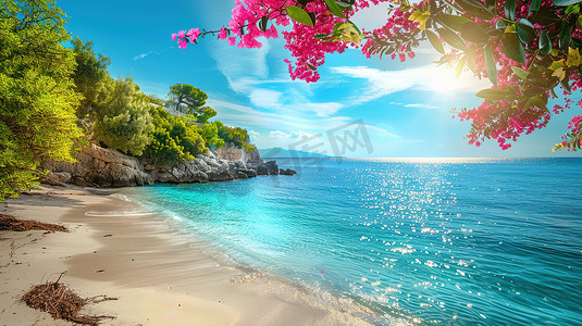 阳光沙滩摄影照片_海边岩石树木风景的摄影高清图片