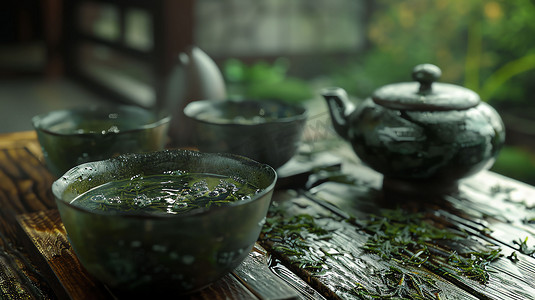 茶壶茶杯茶水茶叶摄影照片