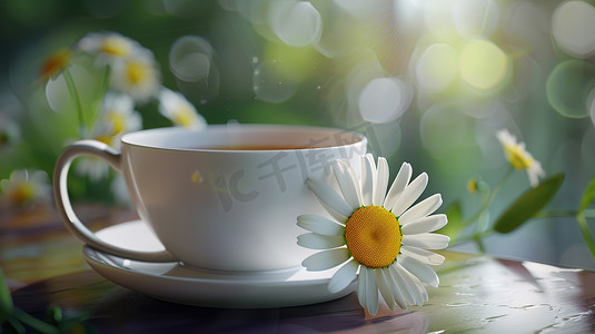 白色茶杯上花朵的摄影图片