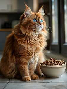 可爱美丽的橘猫和猫粮摄影配图
