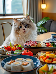美食摄影照片_丰盛美食前的猫咪摄影配图