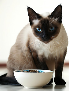 猫粮摄影照片_暹罗猫和碗里的猫粮高清摄影图