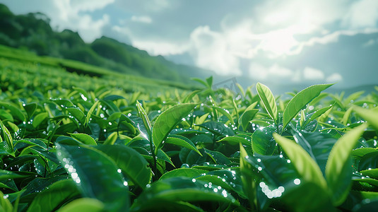 阳光下绿色茶园的摄影照片