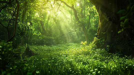 阳光照射森林树叶的摄影图片