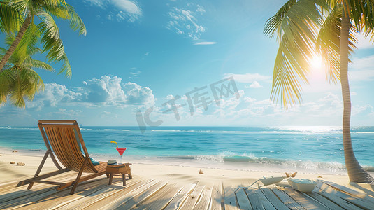 海南沙滩树木躺椅的摄影高清摄影图