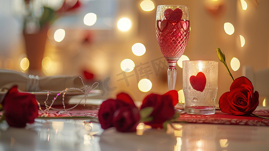 晚餐情人节摄影照片_餐盘上的红玫瑰情人节图片