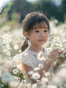 花朵丛中的小女孩摄影照片