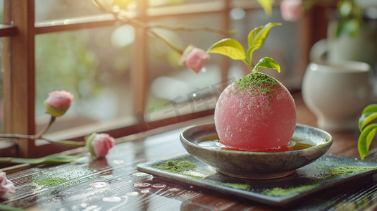球形脉络摄影照片_粉色球形冰淇淋抹茶粉摄影照片