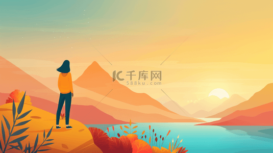 黄昏落日背景图片_山顶上看夕阳的女孩背景