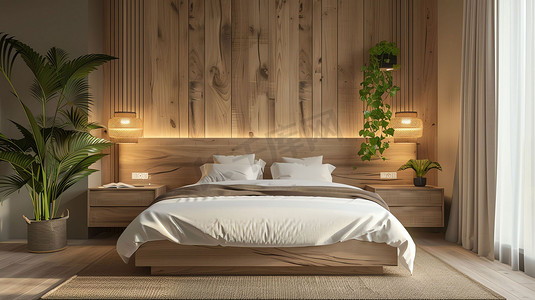 室内卧室床铺实木摄影照片