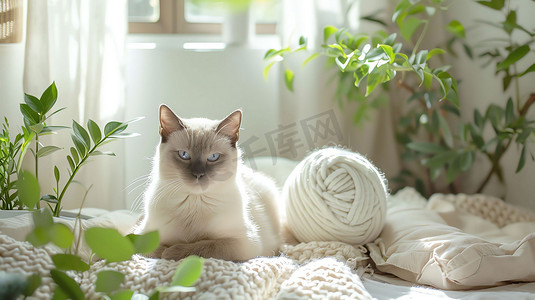猫咪线团床铺盆栽摄影照片