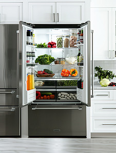现代厨房打开的冰箱高清摄影图