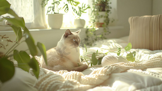 猫咪线团床铺盆栽摄影照片