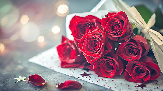 甜蜜的爱情摄影照片_桌面上摆放着的红玫瑰图片