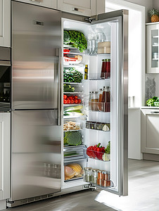 冰箱异性摄影照片_现代厨房打开的冰箱高清摄影图