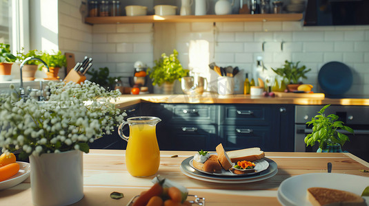 餐桌橙汁早餐盆栽摄影照片
