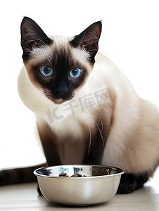 暹罗猫和碗里的猫粮图片