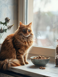 猫粮摄影照片_可爱美丽的橘猫和猫粮摄影配图