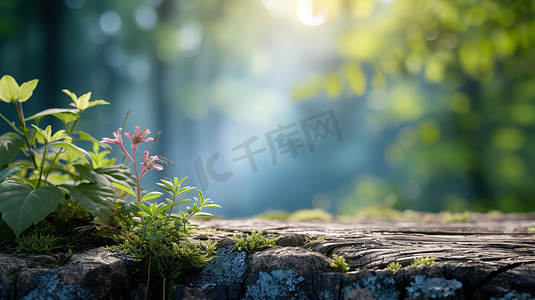 风景摄影照片_阳光照射岩石上树木的摄影图片