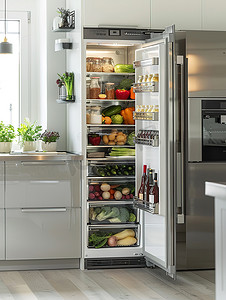 现代厨房打开的冰箱摄影照片