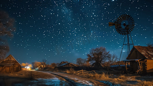 夜晚星空村庄公路摄影照片