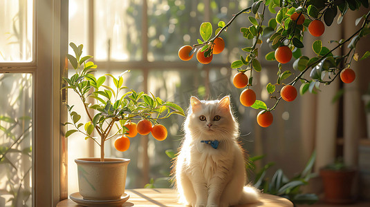 室内果植猫咪窗台摄影照片