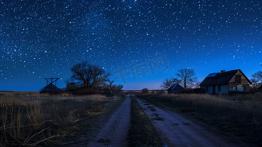 夜晚星空村庄公路摄影照片