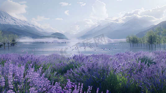 山脉湖泊紫色薰衣草摄影照片