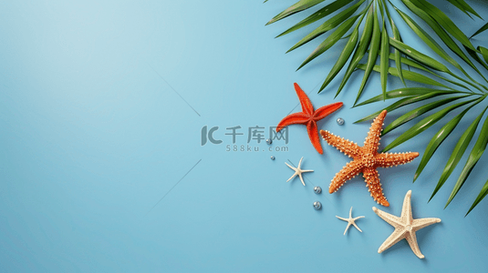 海边海星背景图片_蓝色夏季清凉海星海边度假休闲背景